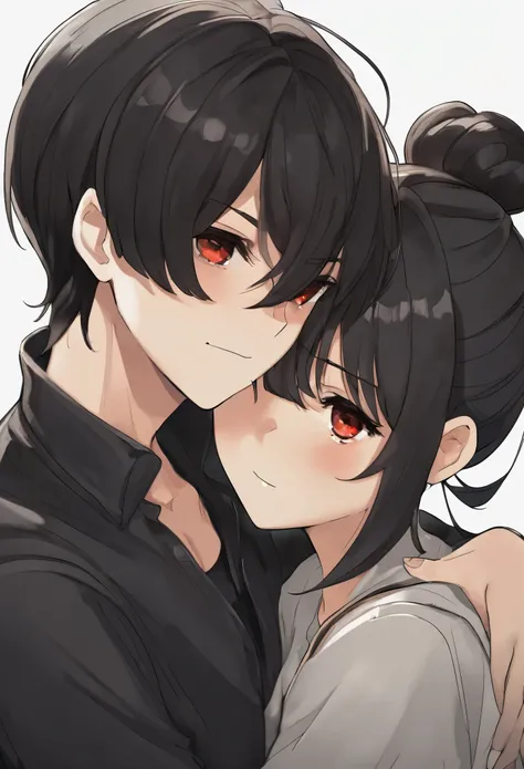 couple, 1 Girl 1 Boy, different color, Girl with black hair，Bun and red eyes, Boy with short dark brown hair and gray eyes, Romance, （The girl hugs the boy from behind）