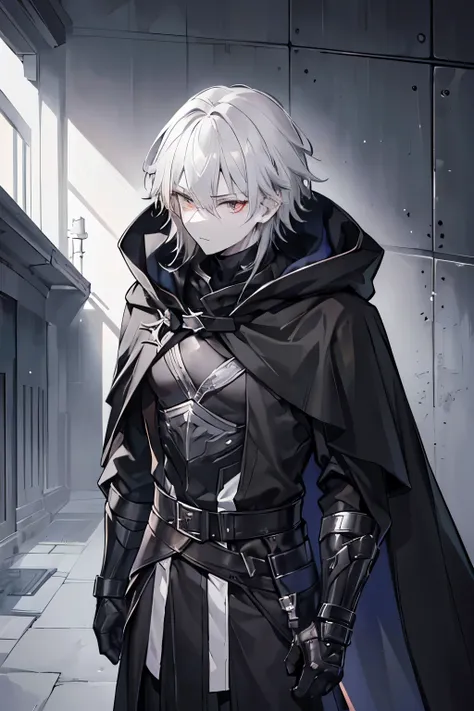 dark cloak, (male, boy, man, grey skin, grey hair, gray hair, silver hair, pale skin, gray skin), cat eyes, armor, dark armour, assasin, black clothes, black cloak, yellow eyes, predator eyes, black poncho, cloak over head, hidden guy, hidden in shadow, da...