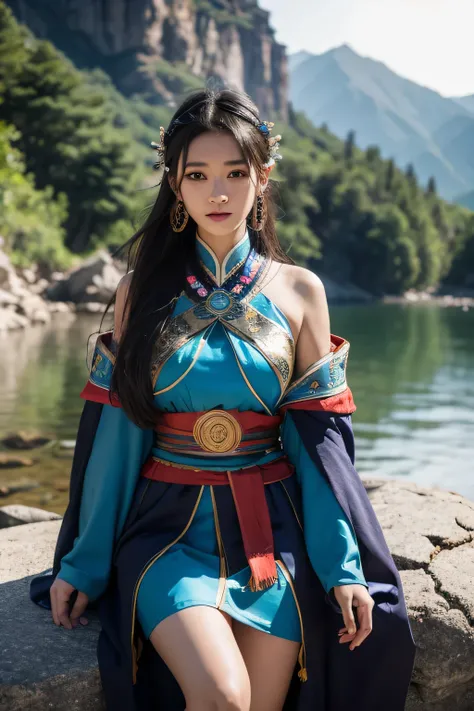 Araf woman in local dress sitting on a rock in the mountains, 她穿着shaman服, 一位年轻的女shaman, 哥特式少女shaman, 美丽的年轻女shaman, Sci-Fi Tibetan Fashion, young woman, shaman, Fantasy style clothing, Tengri, shaman女巫, 健康的技术 - shaman女士, Colorful、Fantastic costumes