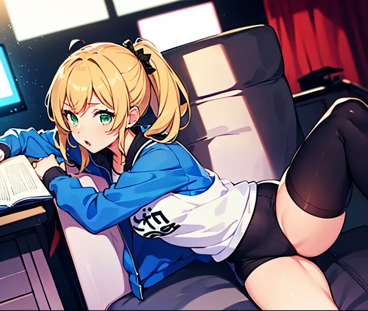 anime style, Ellen Baker, beautiful, green eyes, blonde hair, sportswear, Legs up, Jersey, Beautiful leg lines, gym (masterpiece:1.2), (lively:1.2), very detailed, perfect art