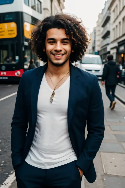 mysterious guy with curly hair and a bright smile. London street in the background