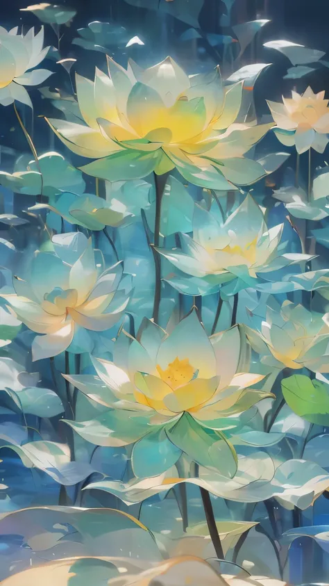 ((There is only one lotus leaf)),golden colored,green color,vein,Glass texture、Light,Spectral light, Gradient translucent glass melt, Caustics, cleanness