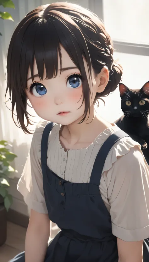 highest quality、black catを抱く女の子、cute 14 year old girl、bun hair with brown hair tied、black cat、natural look、long shot、natural lig...