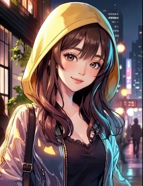 1lady solo, (strolling through city), (stylish outfit) (hoodie), mature female, /(brown hair/), blush kind smile, (masterpiece best quality:1.2) delicate illustration ultra-detailed, large breasts BREAK (luxurious downtown street) outdoors, night, cityscap...