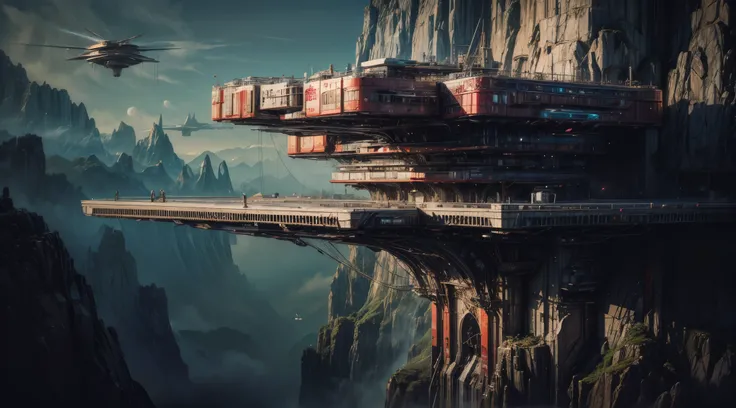 ((Meisterwerk, high quality, artgerm, artstation, science-fiction)), intricate ultra detailliert, vibrant color, hohe Details, futuristic building in red metal attached to a cliffside, futuristische Basis, futuristic outpost building, SciFi-Plattform, Arst...