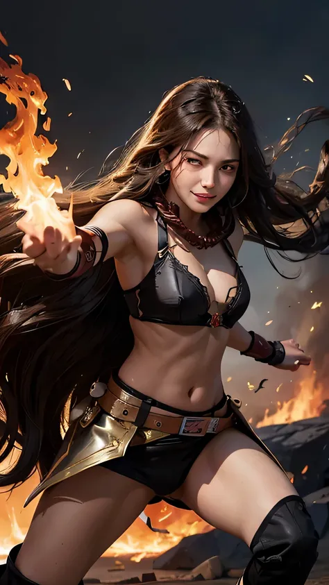 1woman,  long wave hair , brown hair swaying by wind, black eyes, beautiful warrior, wear upper armour, old ripped aemour lingerie, smile, fire background, with fire on hand  point to viewer, synamic action, fighting action, epic, materpiece, ultra detail,...