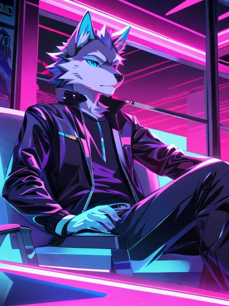 furry, male, anthro, (wolf Tail), Solo, Blue eyes, (Realistic eye details:1.2), (beautiful detailed eyes), anime characters style picture of a wolf man playing a video game in a room with a video game, jen bartel, outrun art style, [ synthwave art style ],...