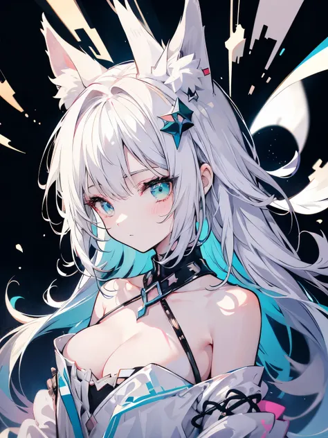 1 girl, animal_ear_fluff, animal_ears, stripe, only_shoulder, for that_hair, blush, chest, cin_ears, closed_boca, Eyebrow_appear_door_hair, green_eye, gray_Background Story, hair_meanwhile_eye, Khalil_(Princess_Connecting!), length_hair, looking for_in_vie...