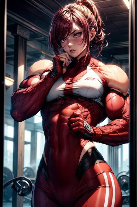 full_body, burgandy color, (extremely detailed CG unity 8k wallpaper,masterpiece, best quality, ultra-detailed), realistic illumination, realistic shadows, muscular and ripped, tight white gym clothes, intricate and complex detailing,short and tousled burg...