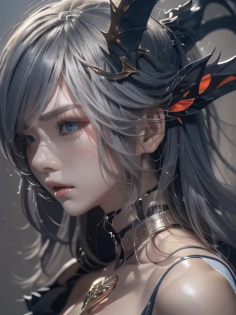 masterpiece, Raw photo，photorealism，High resolution，highest quality，High resolution, perfect composition, perfect face, perfect body, 16k，cinematic lighting，silver hair，Succubus，whip，latex，black，Charm，Demons Castle Background、clavicleの見える悪魔の衣装、close up of ...