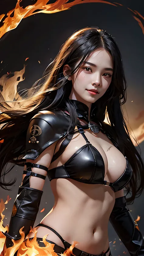 1woman,  long waving hair , black hair, black eyes, beautiful, upper warrior armour, obsolete leather lingerie, smile, fire background, with fire on hand  point to viewer, ultra detail, realistic, 3/4 body shot,,