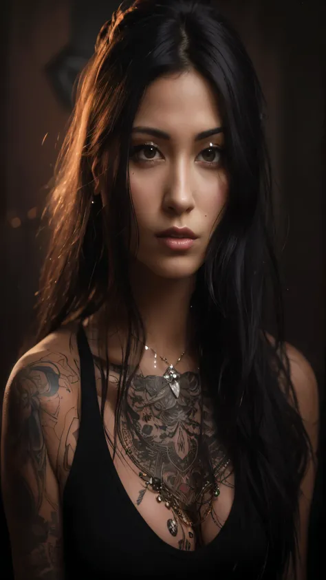 arafed woman with tattoos on her chest and chest, photo of a beautiful woman, detailed beauty portrait, portrait of a beautiful model, female with long black hair, portrait shot, upper body portrait, woman with black hair, beautiful detailed body and face,...