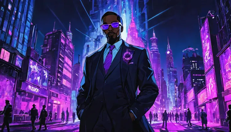 ((((black light poster art)))), fashionable sinister scientist stands confidently in a trendy urban setting, dressed in chic and stylish attire, bustling cityscape with towering skyscrapers, vibrant street art, a sense of energy and excitement