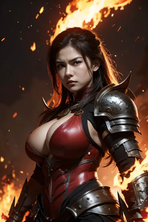 young woman with big muscles, Wavy abdominal muscles, warrior, big breasts, dragon, black and red, Fight fiercely, fire background, armor.