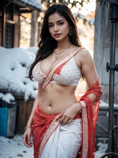 Hot and sexy woman, gigantic breasts, cleavage, wore stylish and design hot and sexy Light orange and white colour saree (printed design), standing in snowfall (afternoon time), standing & model pose, beautiful body, masterpiece, ultra realistic,detailed, ...