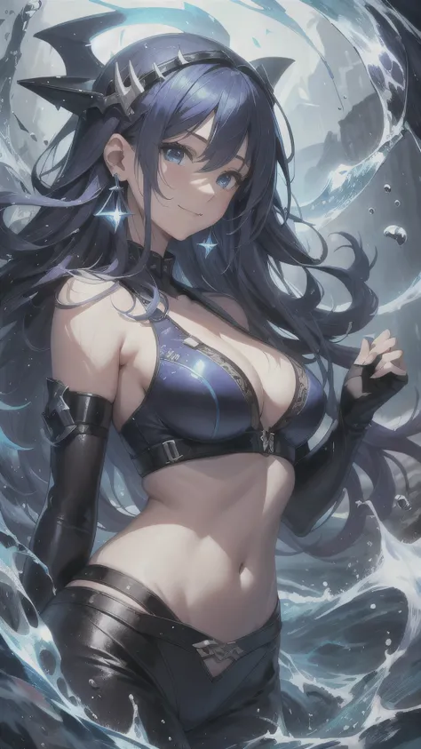 最high quality、best image quality、masterpiece、girl((20-year-old、 By becoming、vest bust、medium bust,wide open breast tea、shining eyes, Water feathers、long hair、thin,highest valley、blue sports bra、blue sports pants,diamond earrings、Wristband、black gloves、swim...