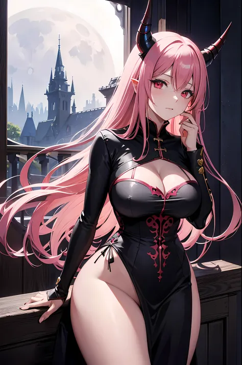 japanese cartoon movies, alone, long hair, pink hair, red eyes, devil horns, black horn, complex horns, devil woman, Model, long hair,beautiful, fancy, black clothes,( big bust, wide hips , milf) , vampire castle, inside,( dark, moon) , cowboy shot