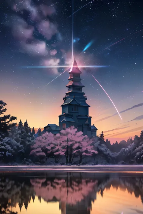 Beautiful scene with Xin Haicheng style ((anime drawing, Pixiv, high quality)),
Pink and purple hued sky ((atmospheric, artistic)),
Beautiful scenery of universe ((Magical Realism, Xin Haicheng style ::0.8)),
Starry sky ((low angle of view, specular scatte...