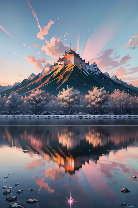 Beautiful scene with Xin Haicheng style ((anime drawing, Pixiv, high quality)),
Pink and purple hued sky ((atmospheric, artistic)),
Beautiful scenery of universe ((Magical Realism, Xin Haicheng style ::0.8)),
Starry sky ((low angle of view, specular scatte...