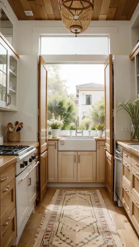 Kitchen design in organic style with cabinets with oak wood and white limestone countertops and macrame carpet, wicker basket on the counter, scented candles and a glass vase with small white flowers, a large balcony with a royal green head in front of the...