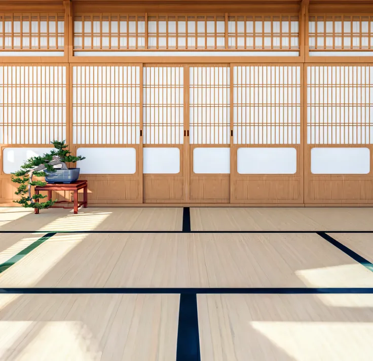 there is a room with a wooden floor and a plant in a pot, zen temple background, in a dojo, japanese house, traditional japanese, japanese temples, modern japanese living room, inspired by Kanō Shōsenin, Japanese style, in a japanese apartment, inspired by...