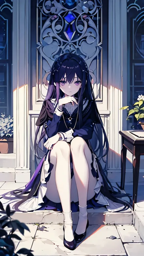 (Masterpiece,high quality:1.2)，1 girl，pale skin，dark blue long hair，dark purple eyes，medium chest，Blue dress，white socks，Amethyst necklace，palace style，depressed garden，sit on the chair，hands on knees，Dim light，cloudy