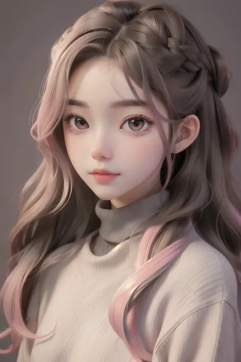 girl, long brown hair, gray eyes, sharp features, white skin, pink lips, wavy hairstyle, sweater, brown jacket