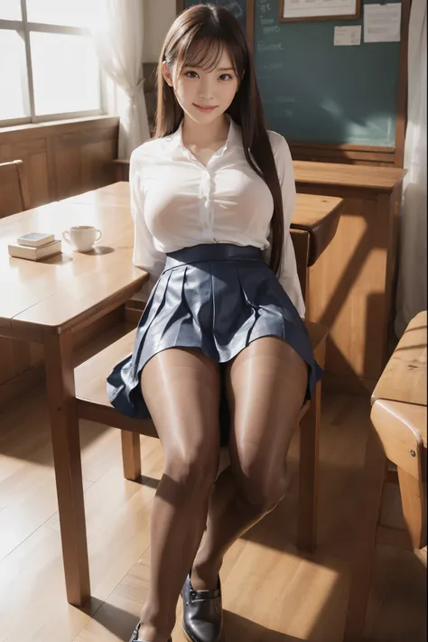 8K、realistic、detailed face、detailed mouth、detailed eye、wet skin、Sit on a chair with your legs open、(super realistic pantyhose:1.3), big and full breasts、laughter、Photographed from the front、dark blue skirt、leather shoes、classroom、long hair、whole body、thigh...