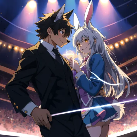 cover page, anime key visual, highres, top quality, best quality, paid reward available, High-quality illustrations, unparalleled masterpiece, perfect artwork, absurdres(pair, magician and assistant)((bunny girl))(((magician 1wolf in suit)))magic on stage,...