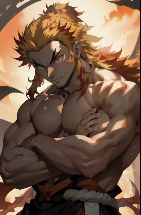 in this captivating artwork, kyojuro rengoku exudes raw sensuality as he strikes a provocative pose. his chiseled physique, emph...