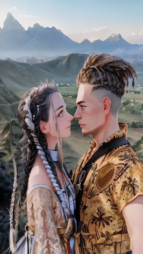 there is a man and woman that are standing together on a hill, long braided hair on top of head, with mountains in the background, with mountains in background, mountains in the background, with mountains as background, buzzed hair on temple, jordan grimme...