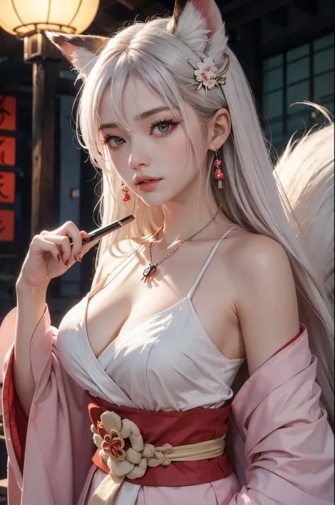 A ninja Japanese girl, red eyes, white hair, big breasts, soft makeup, beautiful eyes, pink cheeks, wearing appealing kimono, holding katana her hand, long hair, necklace amd earrings, soft lips, fox ears and tail, lomg red nails