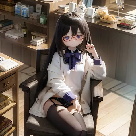 (table top), highest quality, expressive eyes, perfect face　　　small chest with closed mouth
　(((barefoot)))Akemi Homura  standing　black hair、sit on a chair、black rim glasses、(((underwear)))