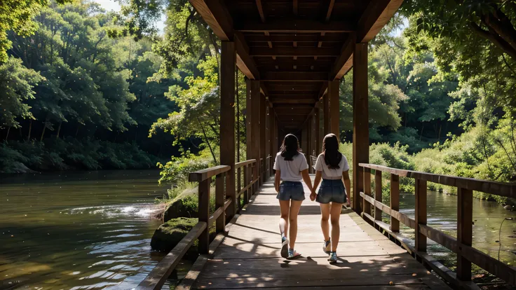 deux adolescente , passer l&#39;afternoon walking on a high wooden bridge , under the bridges there is a river , autour cest la forêts