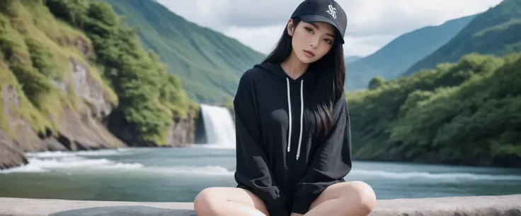 Good looking Japanese woman with long black hair wearing a cap. Wearing a black oversize shirt with a hoodie, black shorts and white sneakers, with a tattoo on his arm in the background, a view of a waterfall and mountains. When you see it, you think of th...