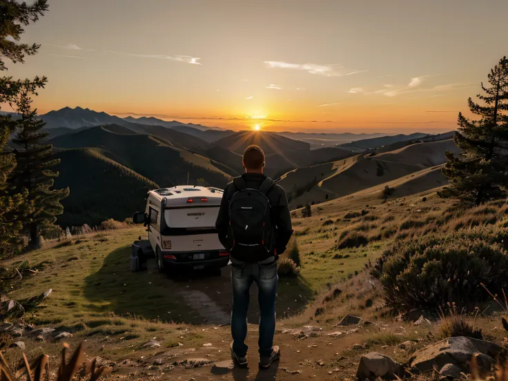 Man standing on a mountain from behind looking at the sunset at the end of the day next to a motorhome