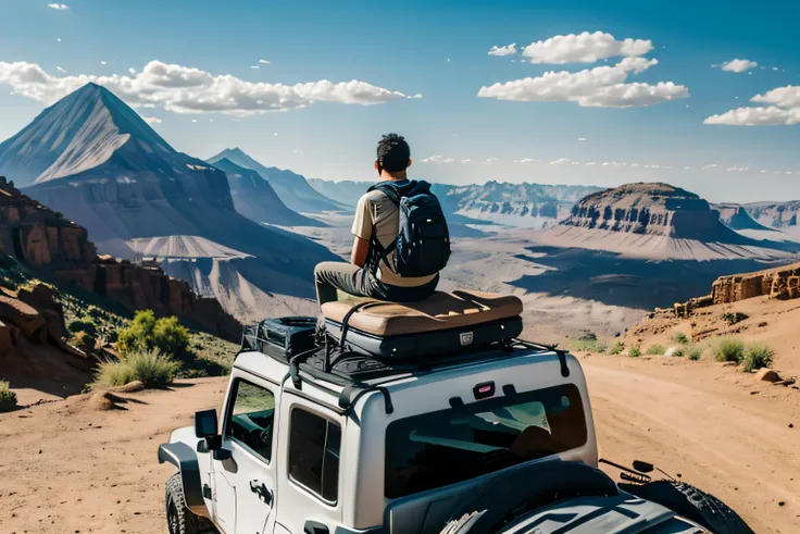 scene of a person lying on their back with a backpack sitting on top of a jeep looking at a tourist landscape