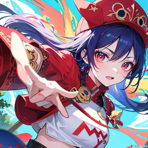 Anime girl wearing a vibrant red shirt, (close-up: 1.1), expressive eyes peeking from beneath the brim of her cap, (dynamic pose: 1.2), chibi-style features, (sunny day: 1.1), detailed textures, high contrast, (sharp focus: 1.1), intricately patterned fabr...