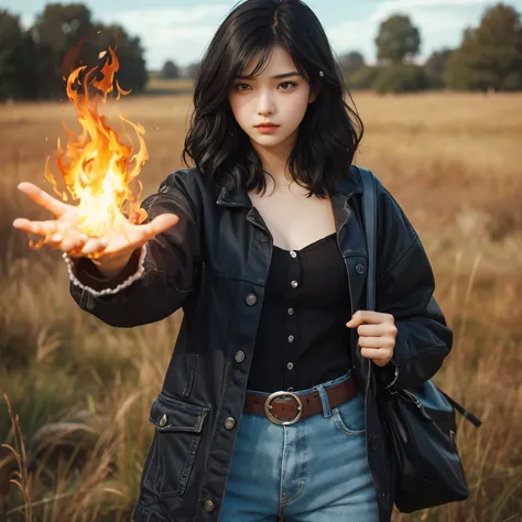 A beautiful sixteen-year-old girl with black hair, standing in a grassland area, dressed in modern clothing, with an angry expression, thrusting one hand forward, producing magical flames in that hand.