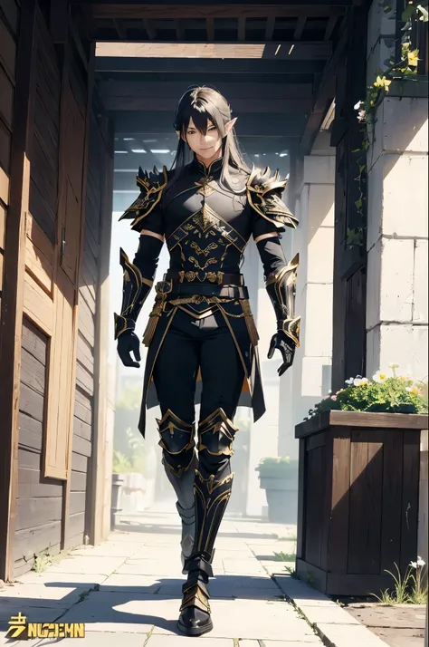 (best quality,4k,8k,highres,masterpiece:1.2),ultra-detailed,(realistic,photorealistic,photo-realistic:1.37), a efl man in a black and gold outfit, Yellow eyes, black and gold armor, black and golden armor, ornate cosplay, gilded black uniform, keqing from ...