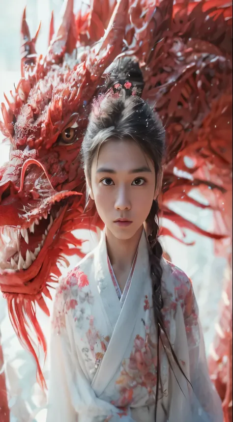 Alafid boy in white and red kimono with a dragon, the dragon lady portrait, dragon boy, Chinese fantasy, hanfu, Dragonweave Robe, palace ， A boy in Hanfu, Chinese girl, yanjun chengt, Chinese style, Red Dragon, traditional Chinese, Inspired by Chen Yifei, ...