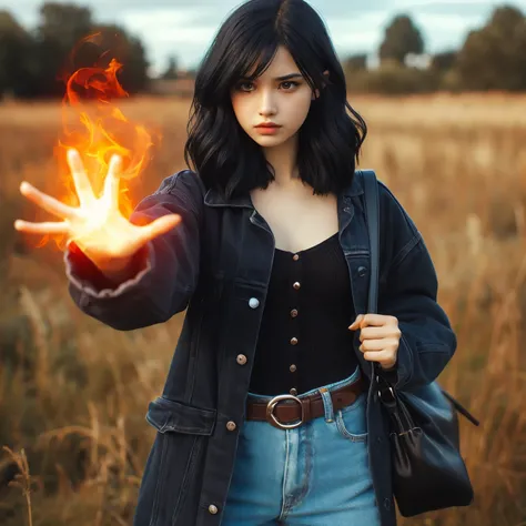 A beautiful sixteen-year-old girl with black hair, standing in a grassland area, dressed in modern clothing, with an angry expression, thrusting one hand forward, producing magical flames in that hand.