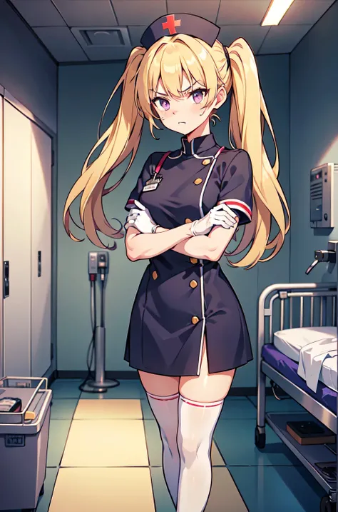 1girl, solo, nurse, nurse cap, white nurse uniform, ((white legwear, zettai ryouiki)), white gloves, twintails, yellow hair, purple eyes, angry, crossed arms, standing, ((hospital room)), sharp outline, short sleeves, best quality, masterpiece