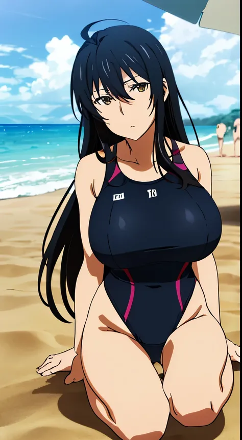 and,1 girl, 一with people, portrait, (big breasts), No expression, long hair, Ahoge, ((swimsuit,beach)), perfect quality, good quality, masterpiece, HDR, UHD,looking at the viewer, in the center of the image,Show up to your knees,１with people,