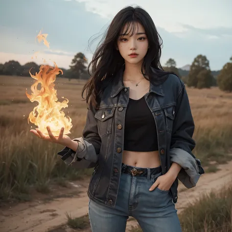 A beautiful sixteen-year-old girl with black hair, standing in a grassland area, dressed in modern clothing, with an angry expression, thrusting one hand forward, producing magical flames in that hand.