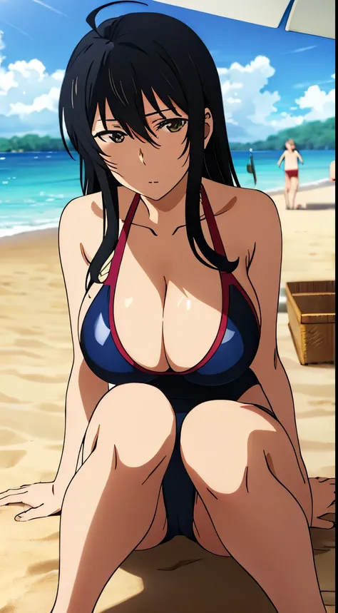 and,1 girl, 一with people, portrait, (big breasts), No expression, long hair, Ahoge, ((swimsuit,beach)), perfect quality, good quality, masterpiece, HDR, UHD,looking at the viewer, in the center of the image,Show up to your knees,１with people,