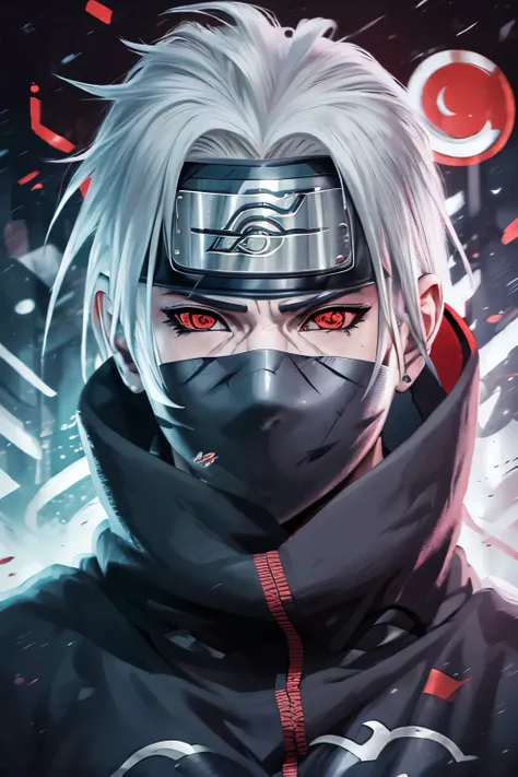 Kakashi cyberpunk usando Sharingan no olho esquerdo, Is shy,is shocked,Muito ansioso ,Unbearable ,sentar montado,cansado,corpo inteiro, arte de qualidade , Kakashi do Sharingan , estilo anime arte de qualidade