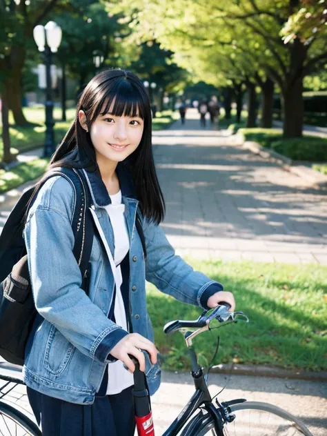 erotic,19 years old,black hair,1 person,japanese girl,bicycle,university campus,