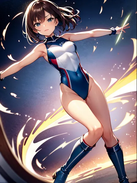 masterpiece, best quality, 1girl, superhero, gymnast_outfit leotard, bare legs, knee boots, matching boots, heroic, standing, body infused with energy, light particles, solo, single, cowboy shot, perfect anatomy, brown hair, beautiful detailed eyes, spread...