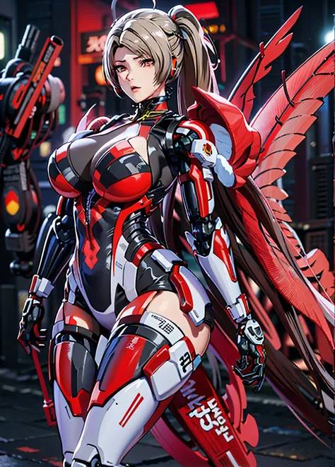 girl 1、highest quality、masterpiece、超A high resolution、Arad woman in futuristic suit with red mechanical wings and sword, A girl wearing a black shiny mechanical cyber armor.., cyberpunk anime girl mecha, anime robotと有機物が混ざり合う, Mechanized Black Valkyrie Gir...